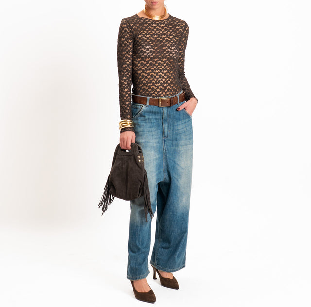 Zeroassoluto-T-shirt manica lunga in pizzo elasticizzato - moro