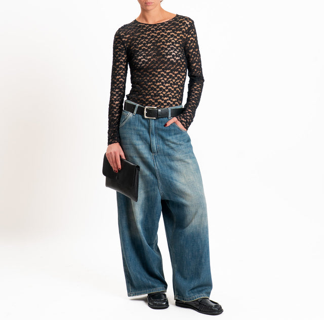 Zeroassoluto-T-shirt manica lunga in pizzo elasticizzato - nero
