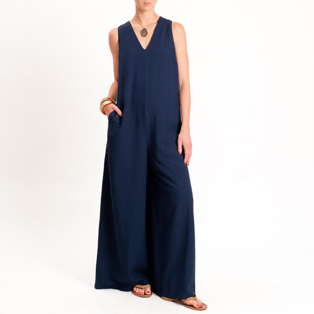 Zeroassoluto-Tuta ALVI misto lino scollo v - blu