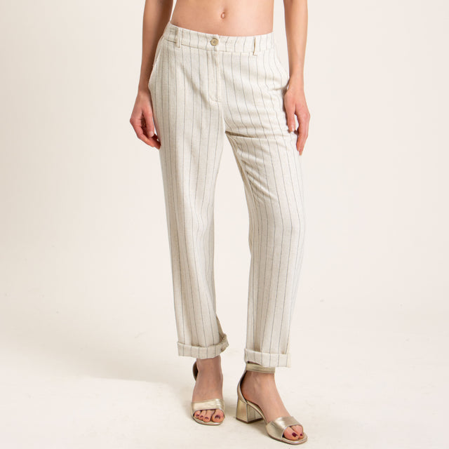 Zeroassoluto-Pantalone BEA gessato misto lino - burro/nero