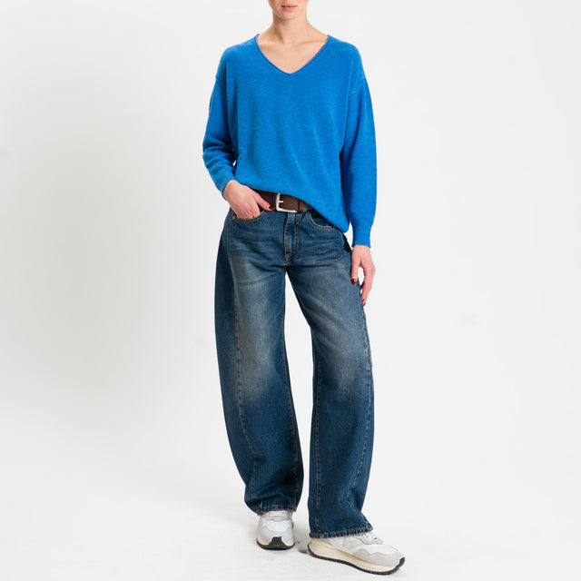 Zeroassoluto-Maglia soft hand scollo v spacchi laterali - denim