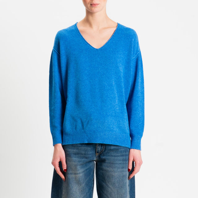 Zeroassoluto-Maglia soft hand scollo v spacchi laterali - denim