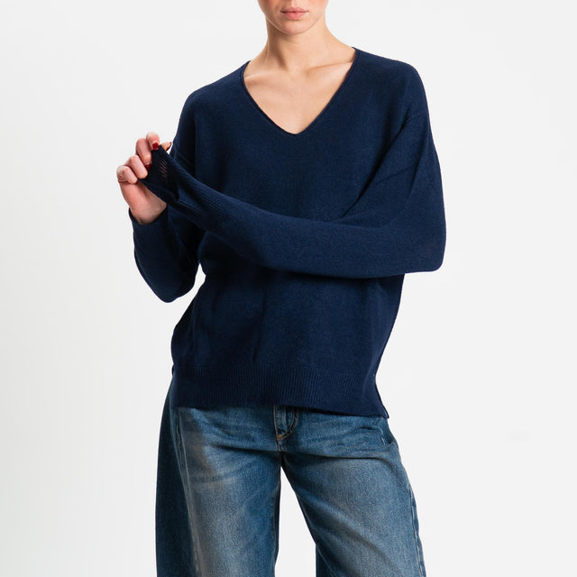 Zeroassoluto-Maglia soft hand scollo v spacchi laterali - blu