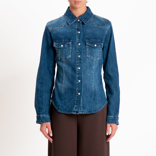 Zeroassoluto-Camicia slim fit tela denim elasticiz - denim scuro