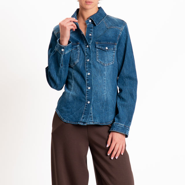Zeroassoluto-Camicia slim fit tela denim elasticiz - denim scuro