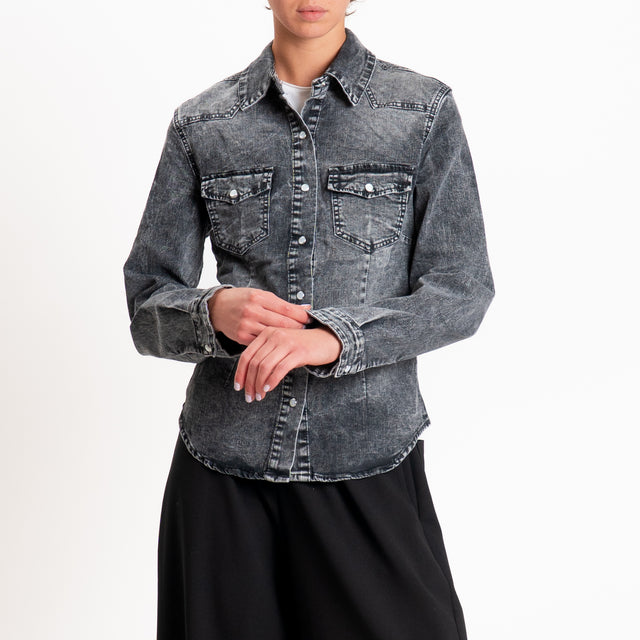 Zeroassoluto-Camicia slim fit tela denim elasticiz - denim nero
