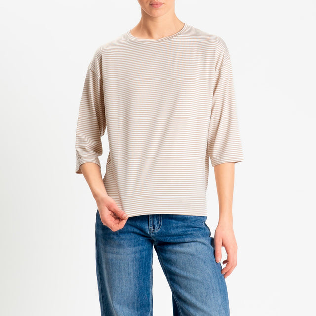Zeroassoluto-T-shirt CLARY righe in jersey girocollo manica 3/4 - beige/latte