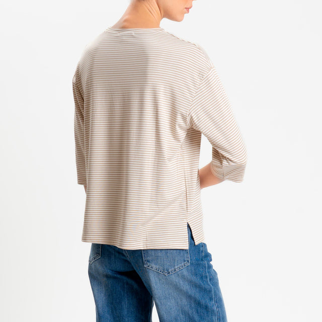 Zeroassoluto-T-shirt CLARY righe in jersey girocollo manica 3/4 - beige/latte