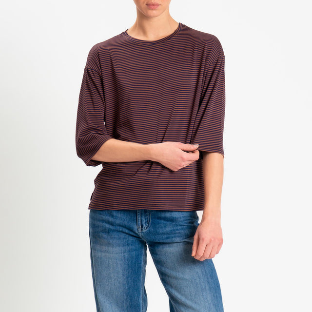 Zeroassoluto-T-shirt CLARY righe in jersey girocollo manica 3/4 - blu/tabacco