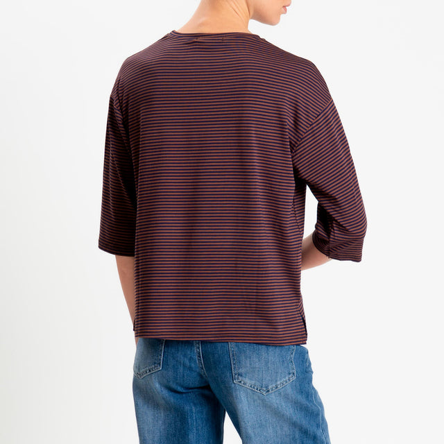 Zeroassoluto-T-shirt CLARY righe in jersey girocollo manica 3/4 - blu/tabacco