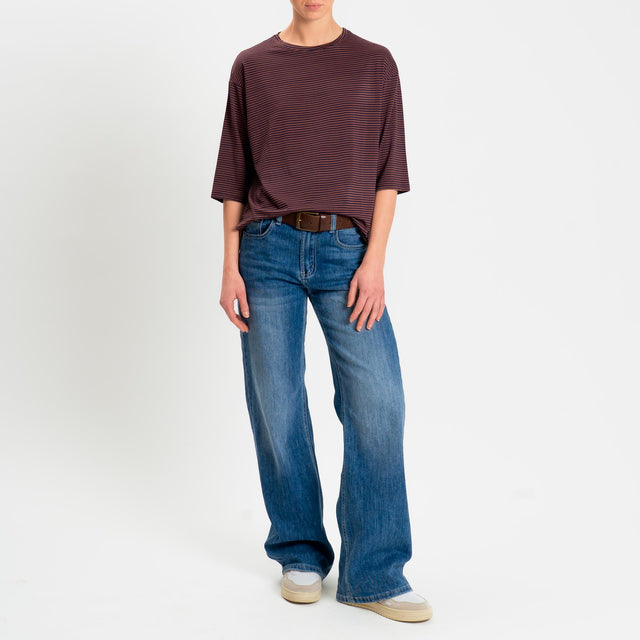 Zeroassoluto-T-shirt CLARY righe in jersey girocollo manica 3/4 - blu/tabacco