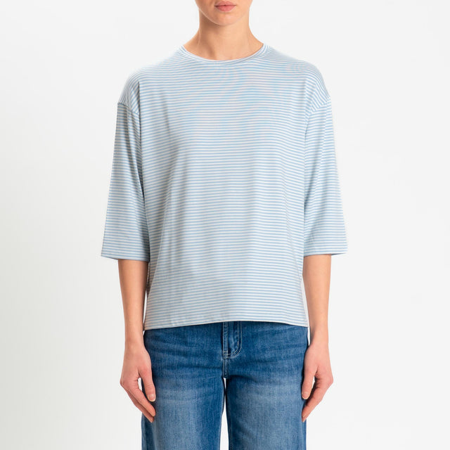 Zeroassoluto-T-shirt CLARY righe in jersey girocollo manica 3/4 - celeste/latte