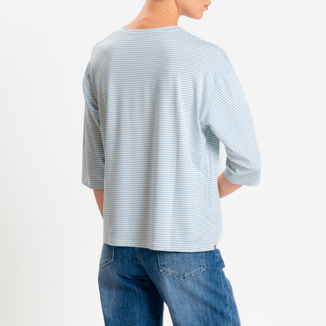Zeroassoluto-T-shirt CLARY righe in jersey girocollo manica 3/4 - celeste/latte