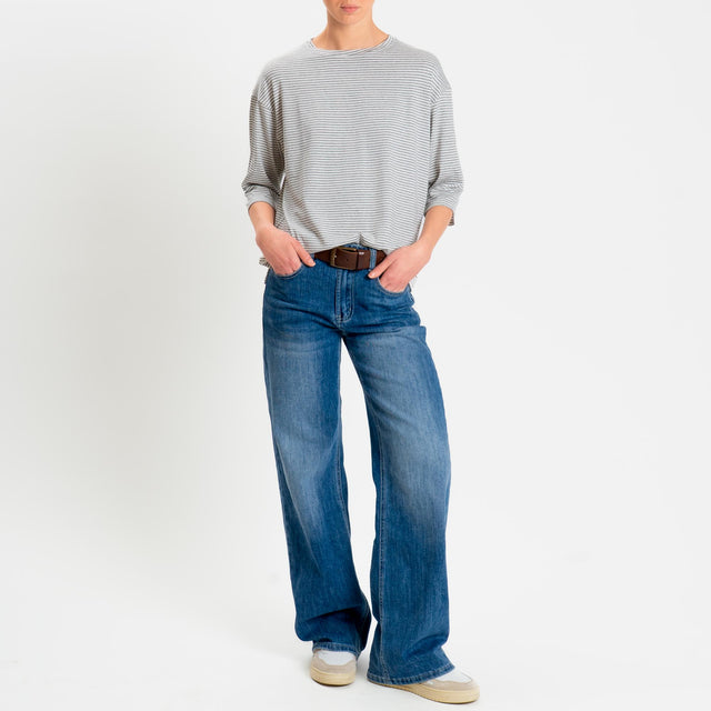 Zeroassoluto-T-shirt CLARY righe in jersey girocollo manica 3/4 - grigio melange/latte