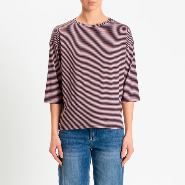 Zeroassoluto-T-shirt CLARY righe in jersey girocollo manica 3/4 - moro/rosa