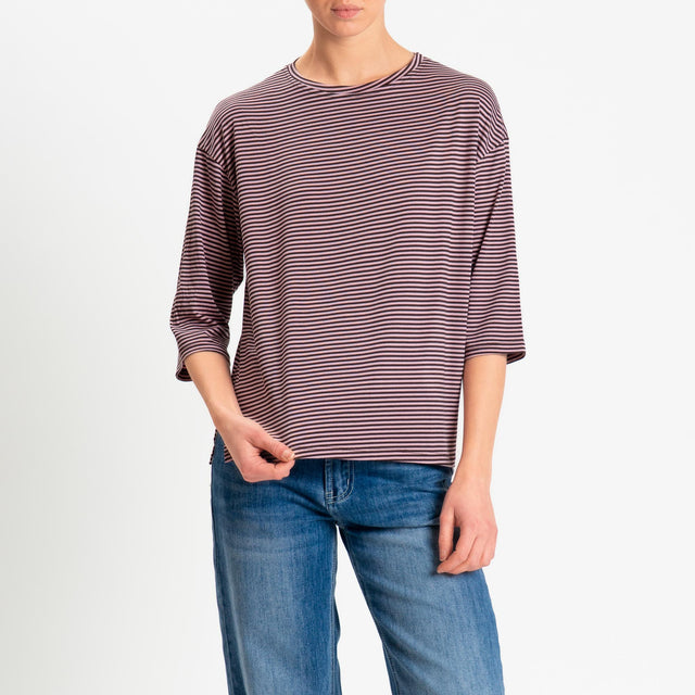 Zeroassoluto-T-shirt CLARY righe in jersey girocollo manica 3/4 - moro/rosa