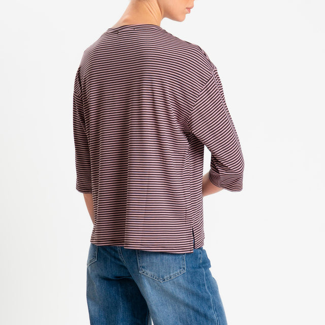 Zeroassoluto-T-shirt CLARY righe in jersey girocollo manica 3/4 - moro/rosa