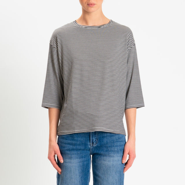 Zeroassoluto-T-shirt CLARY righe in jersey girocollo manica 3/4 - nero/latte