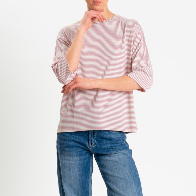 Zeroassoluto-T-shirt CLARY righe in jersey girocollo manica 3/4 - rosa/latte