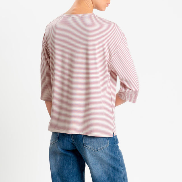 Zeroassoluto-T-shirt CLARY righe in jersey girocollo manica 3/4 - rosa/latte