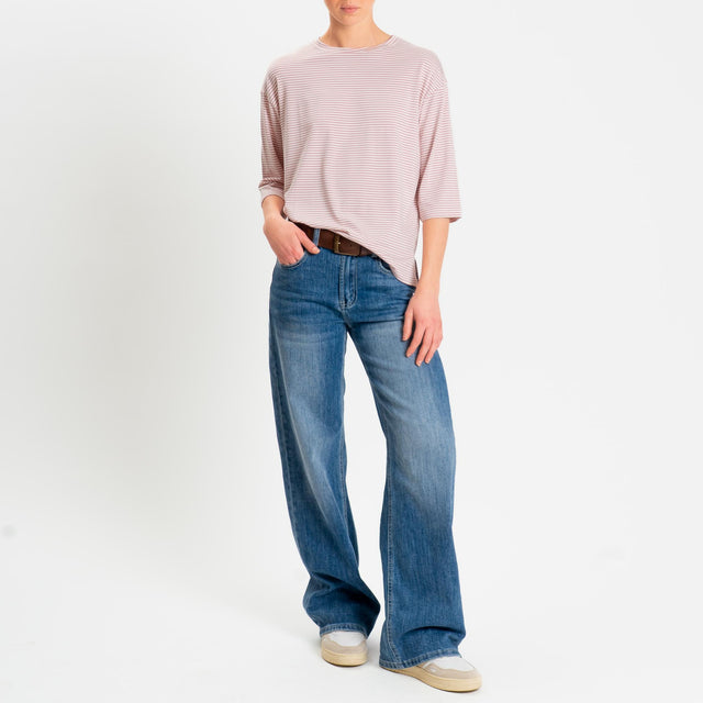 Zeroassoluto-T-shirt CLARY righe in jersey girocollo manica 3/4 - rosa/latte