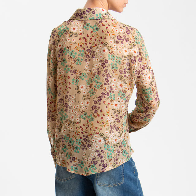 Zeroassoluto-Camicia CLAY Fantasia 100% viscosa - fiori beige/viola/acqua