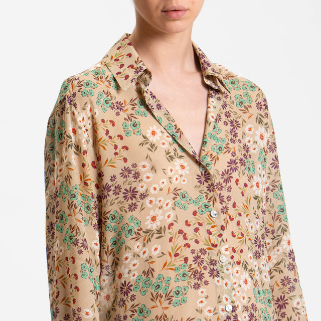 Zeroassoluto-Camicia CLAY Fantasia 100% viscosa - fiori beige/viola/acqua