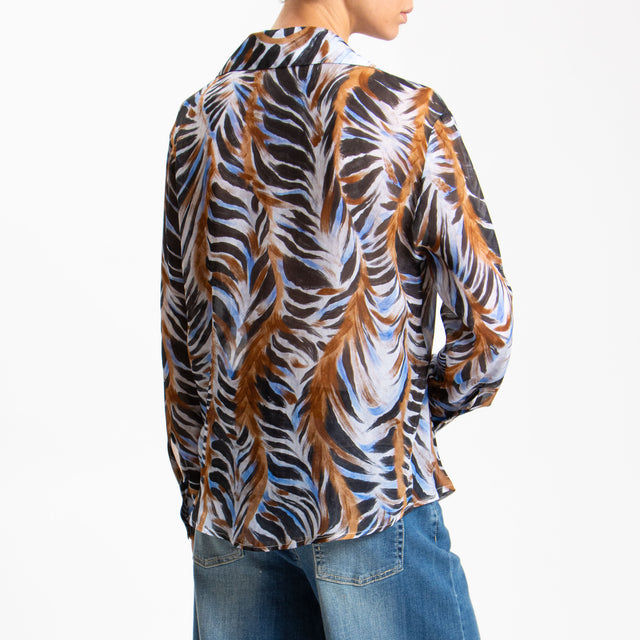 Zeroassoluto-Camicia CLAY Fantasia 100% viscosa - foglie blu/cuoio/nero