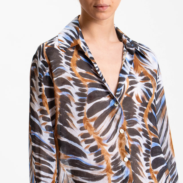 Zeroassoluto-Camicia CLAY Fantasia 100% viscosa - foglie blu/cuoio/nero
