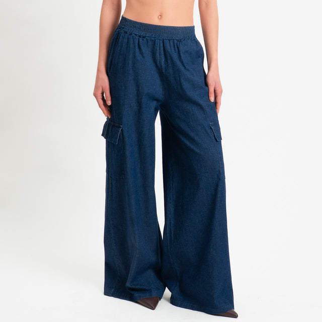 Zeroassoluto-Pantalone cargo chambray wide leg chambray elastico in vita - denim scuro