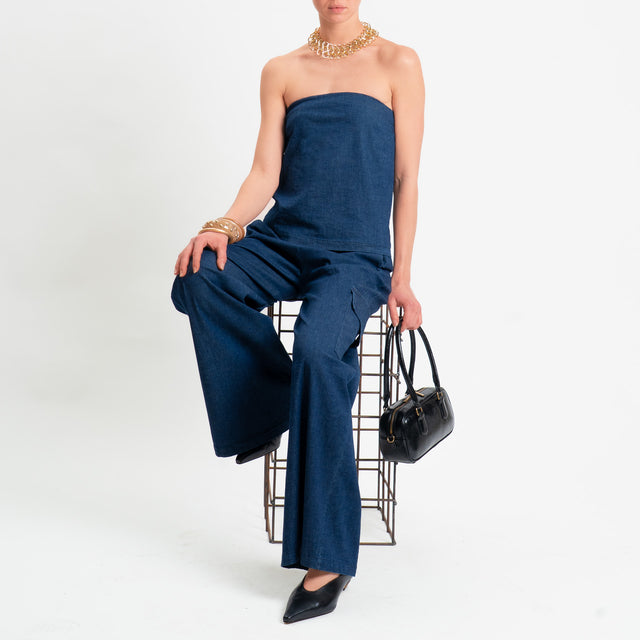 Zeroassoluto-Top a fascia chambray con elastico dietro - denim scuro