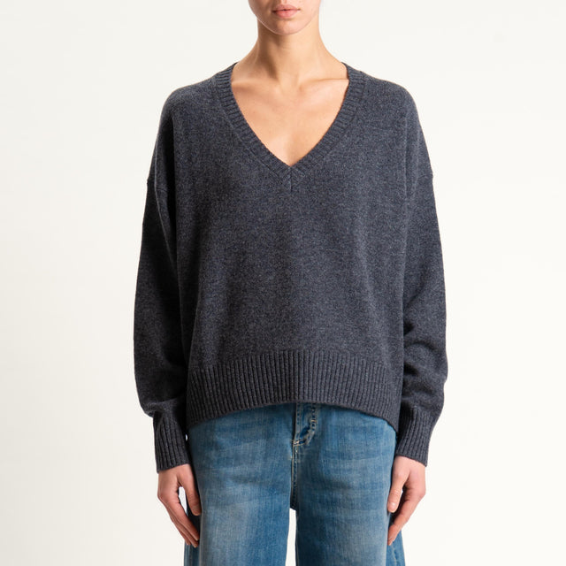 Zeroassoluto-Maglia 100% lana scatola scollo a v - antracite melange