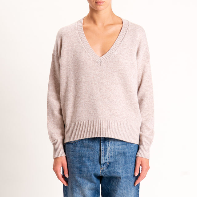 Zeroassoluto-Maglia 100% lana scatola scollo a v - beige melange