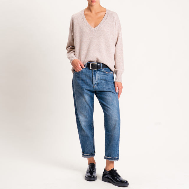 Zeroassoluto-Maglia 100% lana scatola scollo a v - beige melange
