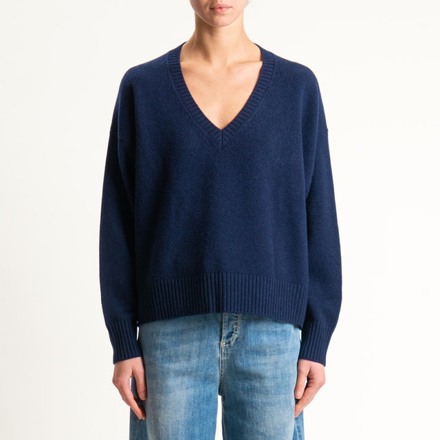 Zeroassoluto-Maglia 100% lana scatola scollo a v - blu