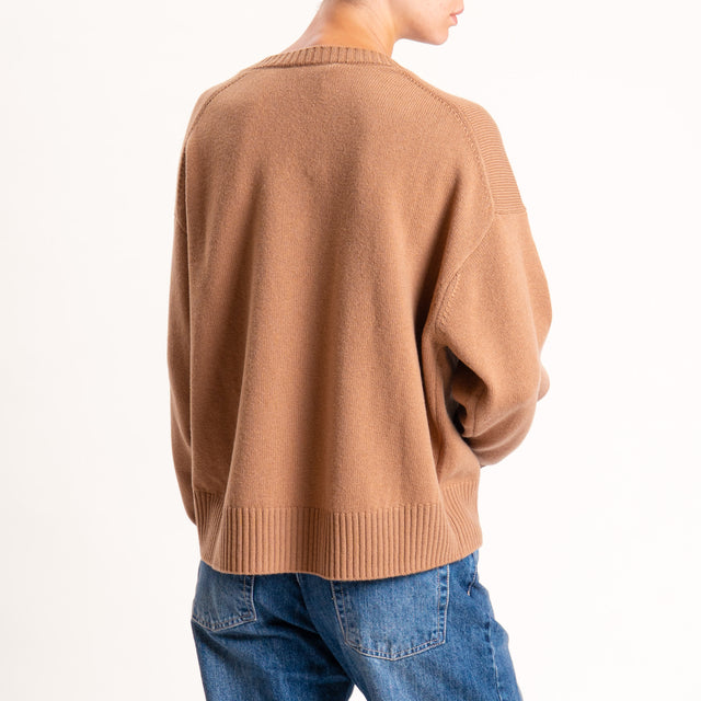 Zeroassoluto-Maglia 100% lana scatola scollo a v - camel