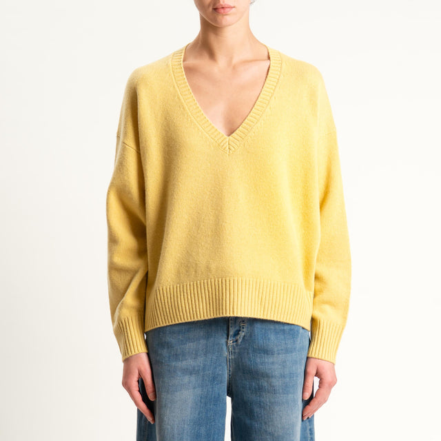 Zeroassoluto-Maglia 100% lana scatola scollo a v - giallo
