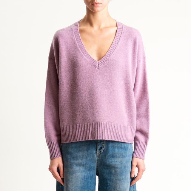 Zeroassoluto-Maglia 100% lana scatola scollo a v - malva