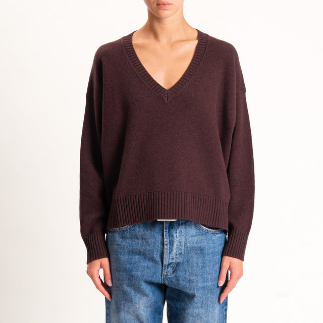 Zeroassoluto-Maglia 100% lana scatola scollo a v - moro