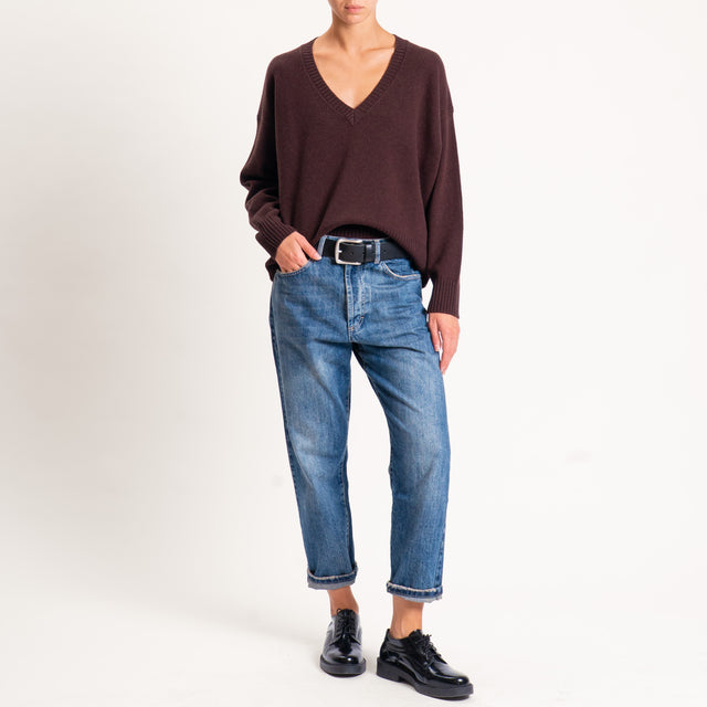 Zeroassoluto-Maglia 100% lana scatola scollo a v - moro