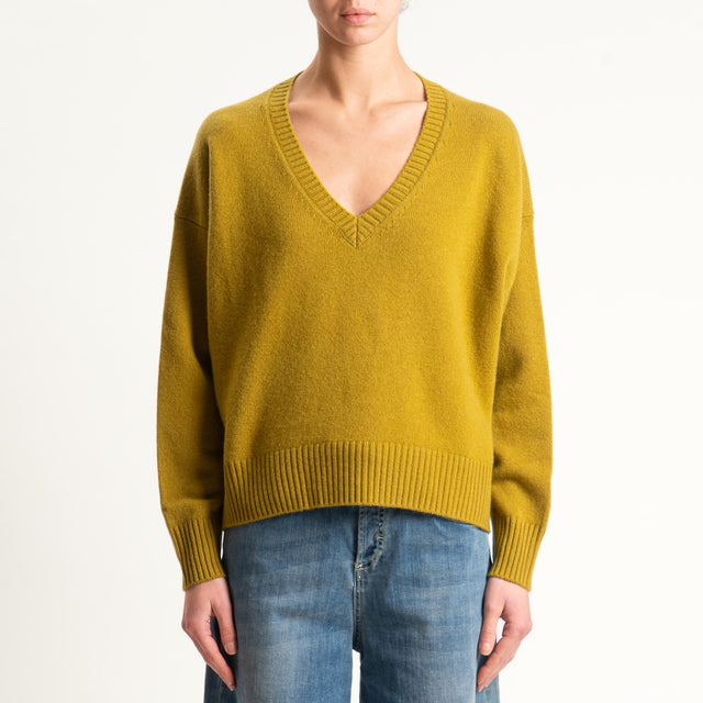 Zeroassoluto-Maglia 100% lana scatola scollo a v - olio