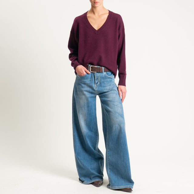 Zeroassoluto-Maglia 100% lana scatola scollo a v - vino