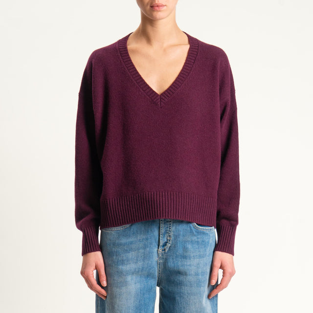 Zeroassoluto-Maglia 100% lana scatola scollo a v - vino