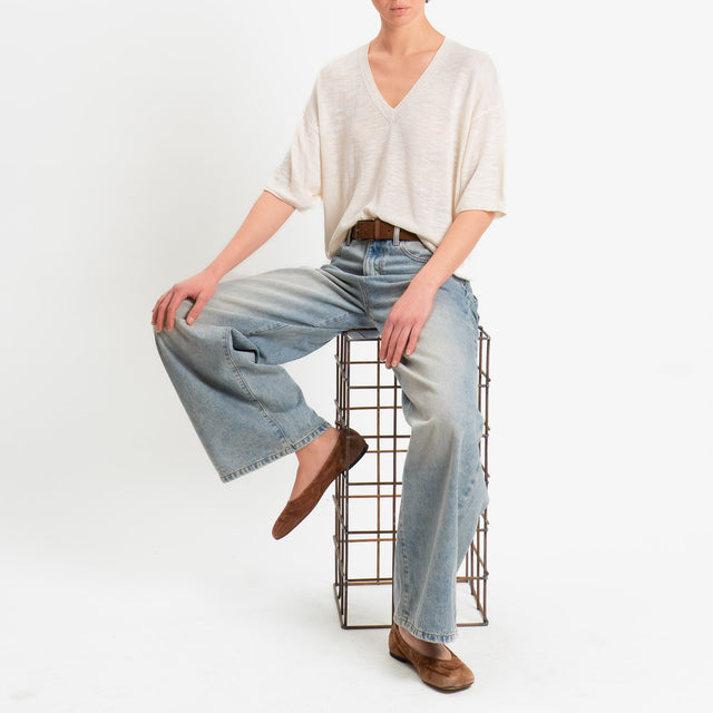 Zeroassoluto-Maglia scollo v garzata misto lino - burro