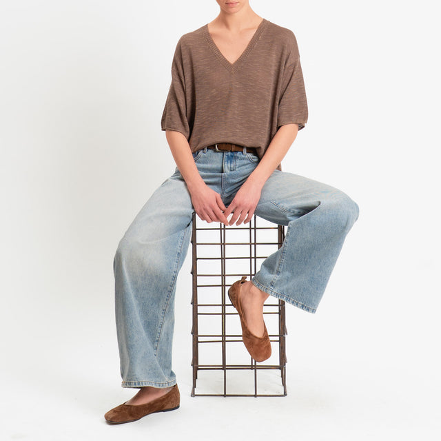 Zeroassoluto-Maglia scollo v garzata misto lino - choco