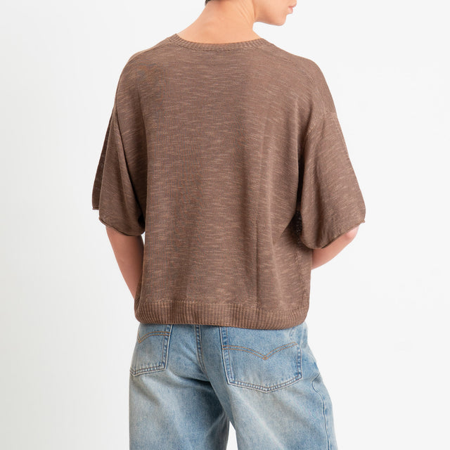 Zeroassoluto-Maglia scollo v garzata misto lino - choco
