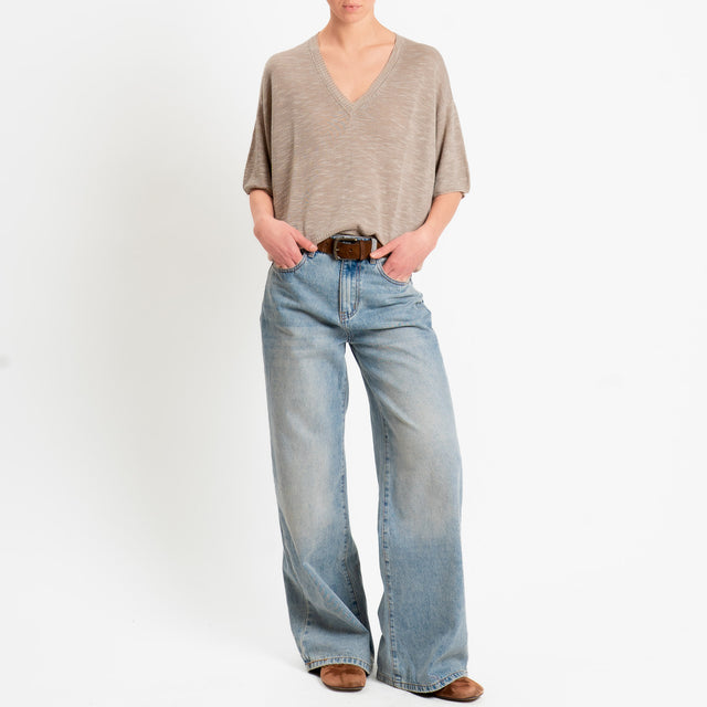 Zeroassoluto-Maglia scollo v garzata misto lino - sand