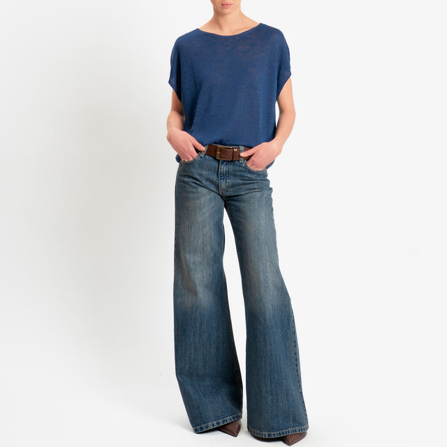 Zeroassoluto-Maglia smanicata garzata misto lino - blu