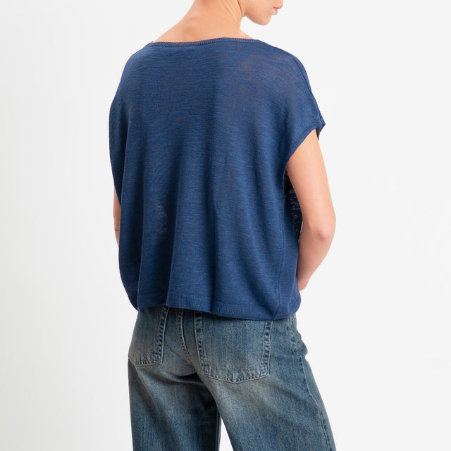Zeroassoluto-Maglia smanicata garzata misto lino - blu