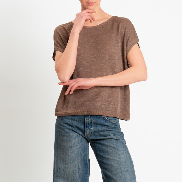 Zeroassoluto-Maglia smanicata garzata misto lino - choco